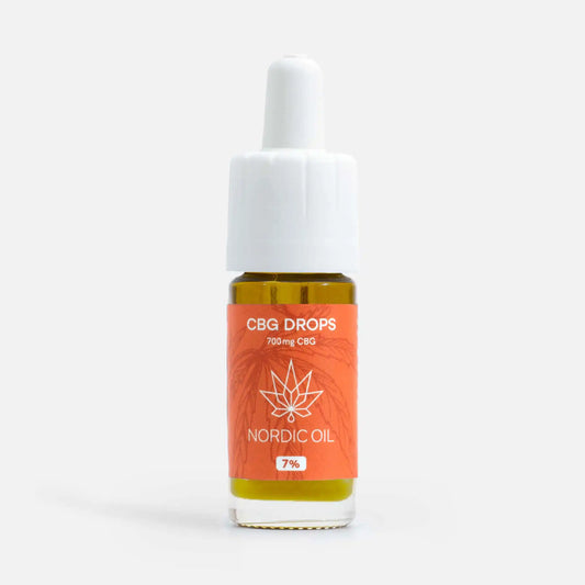 Nordic Oil CBG Drops 700 mg CBG – glasflaske med dropper og orange label med cannabisblad