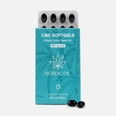 Nordic Oil CBD-softgels med sortkommen frøolie i blå emballage.