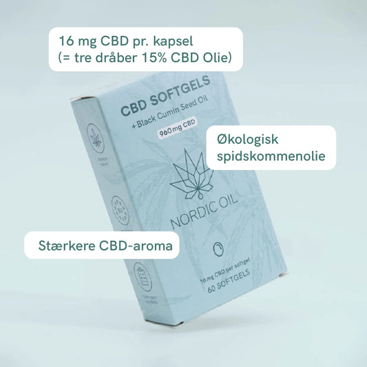 Nordic Oil CBD Softgels æske med økologisk spidskommenolie og 16 mg CBD pr. kapsel