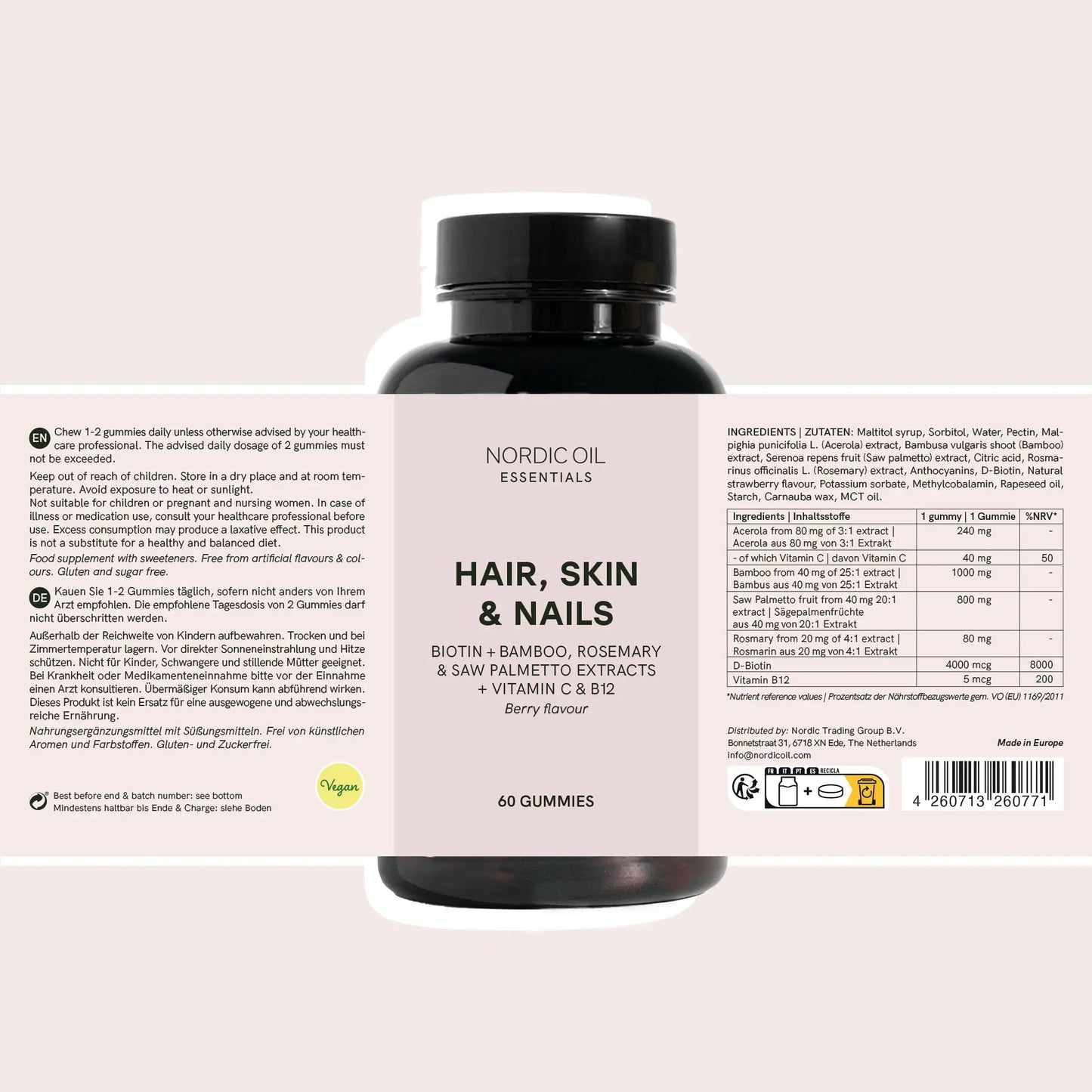 Nordic Oil Essentials Hair, Skin & Nails kosttilskud i flaske med biotin, bambus, rosmarin og saw palmetto-ekstrakter, hindbærsmag – 60 gummies