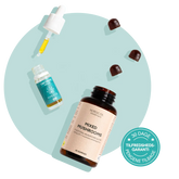 Nordic Oil CBD-dråber og Mixed Mushrooms kosttilskud i brunt glas med tre brune gummier på blå baggrund