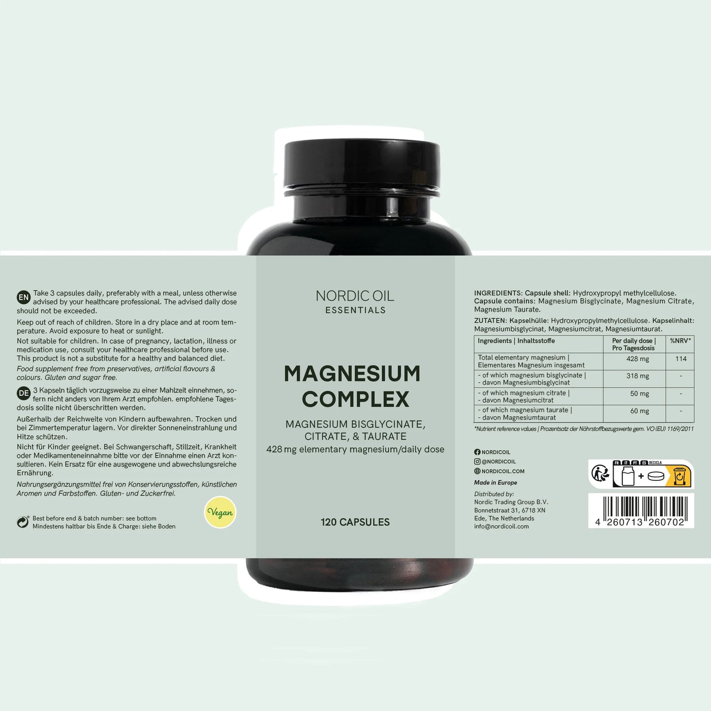 Nordic Oil Essentials Magnesium Complex kosttilskud i en mørk glasflaske med etikette.