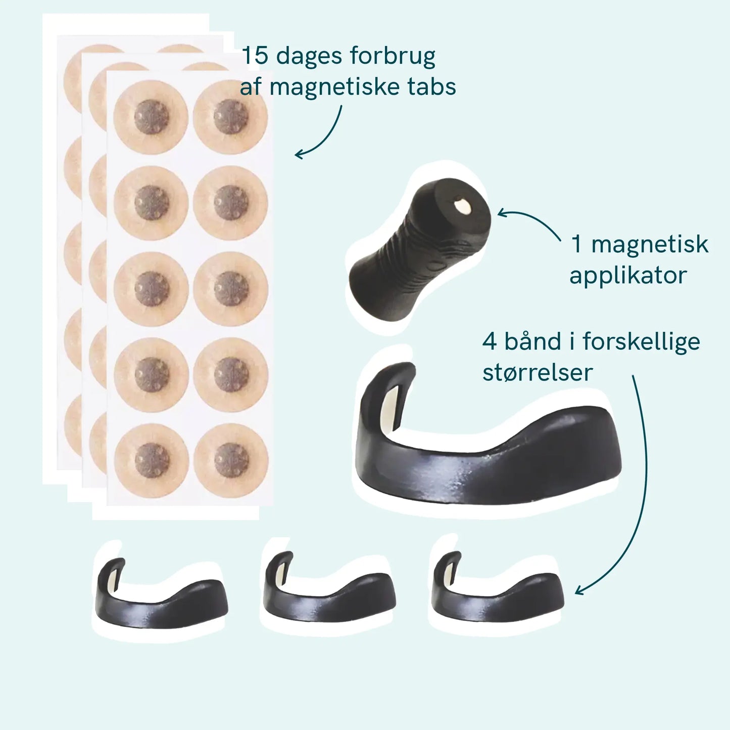Magnetisk behandlingspakke til Nordic Oil: 15 dages forbrug af magnetiske tabs, 1 magnetisk applikator og fire bånd i forskellige størrelser