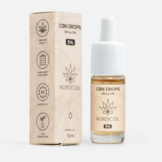 Nordic Oil CBN Drops – flaske med dropper ved siden af æske (500 mg CBN, 5%).