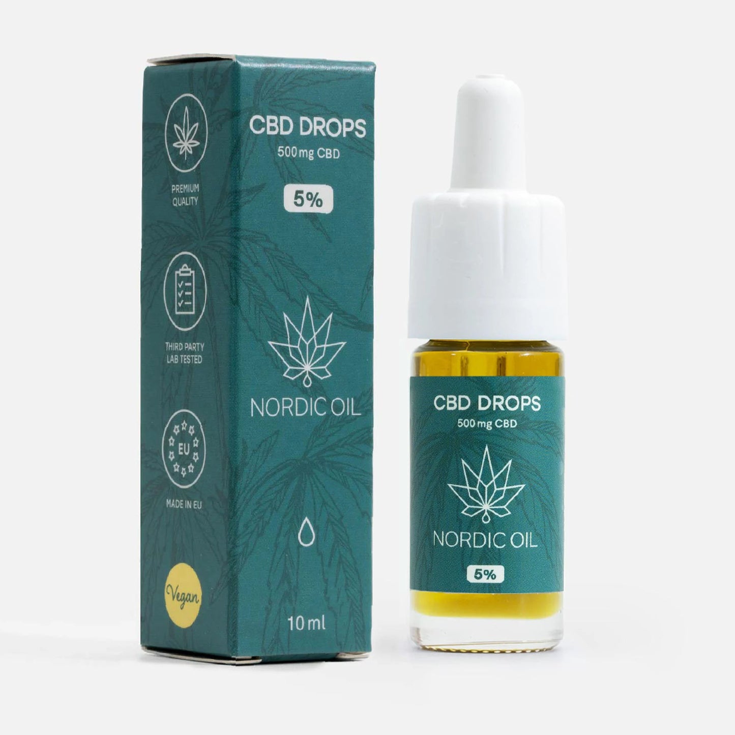 Nordic Oil CBD Drops 500 mg CBD – 10 ml flaske med dråbeapplikator ved siden af teal æske