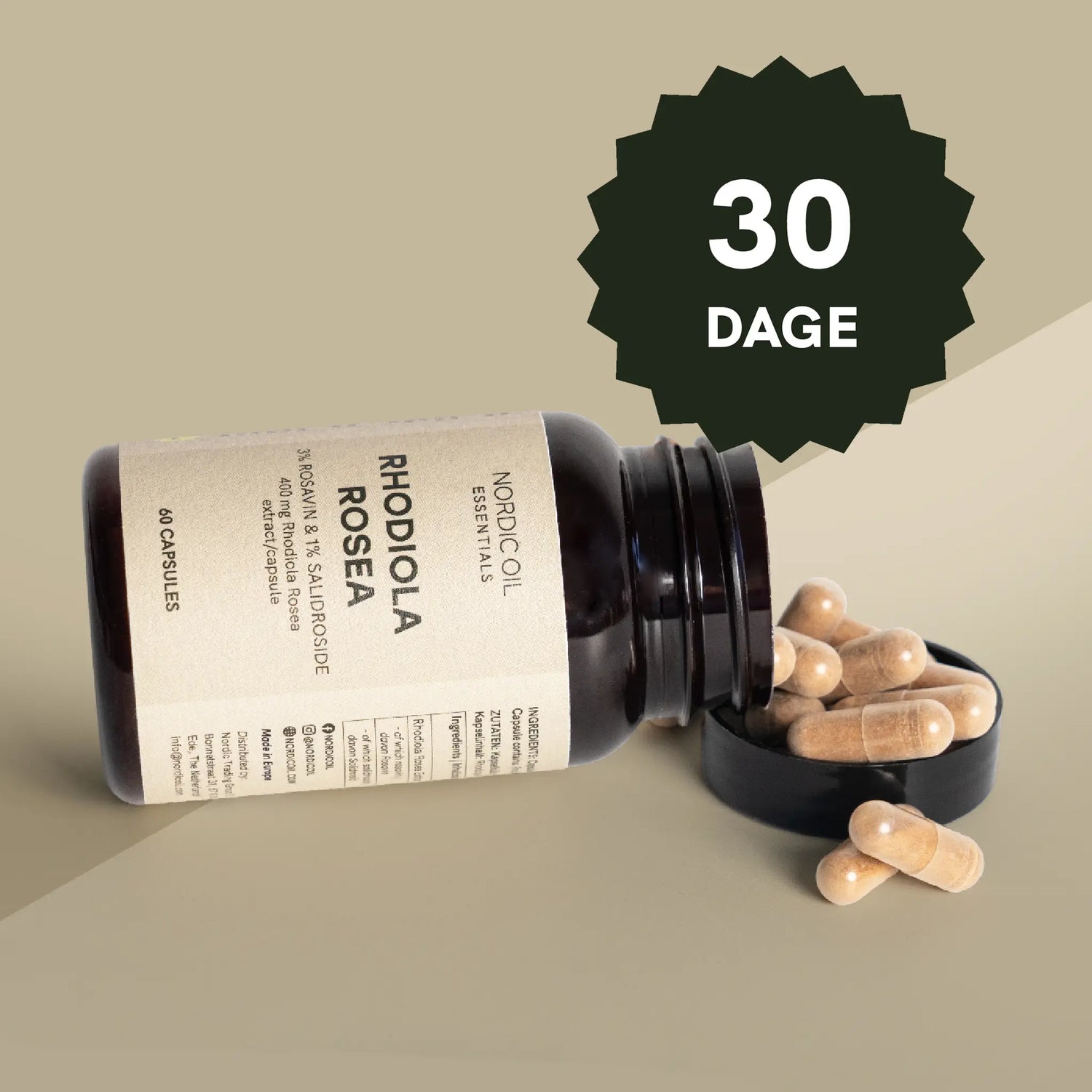 Rhodiola Rosea kosttilskud i kapsler fra Nordic Oil liggende ned med 30-dages tilbudsbadge.