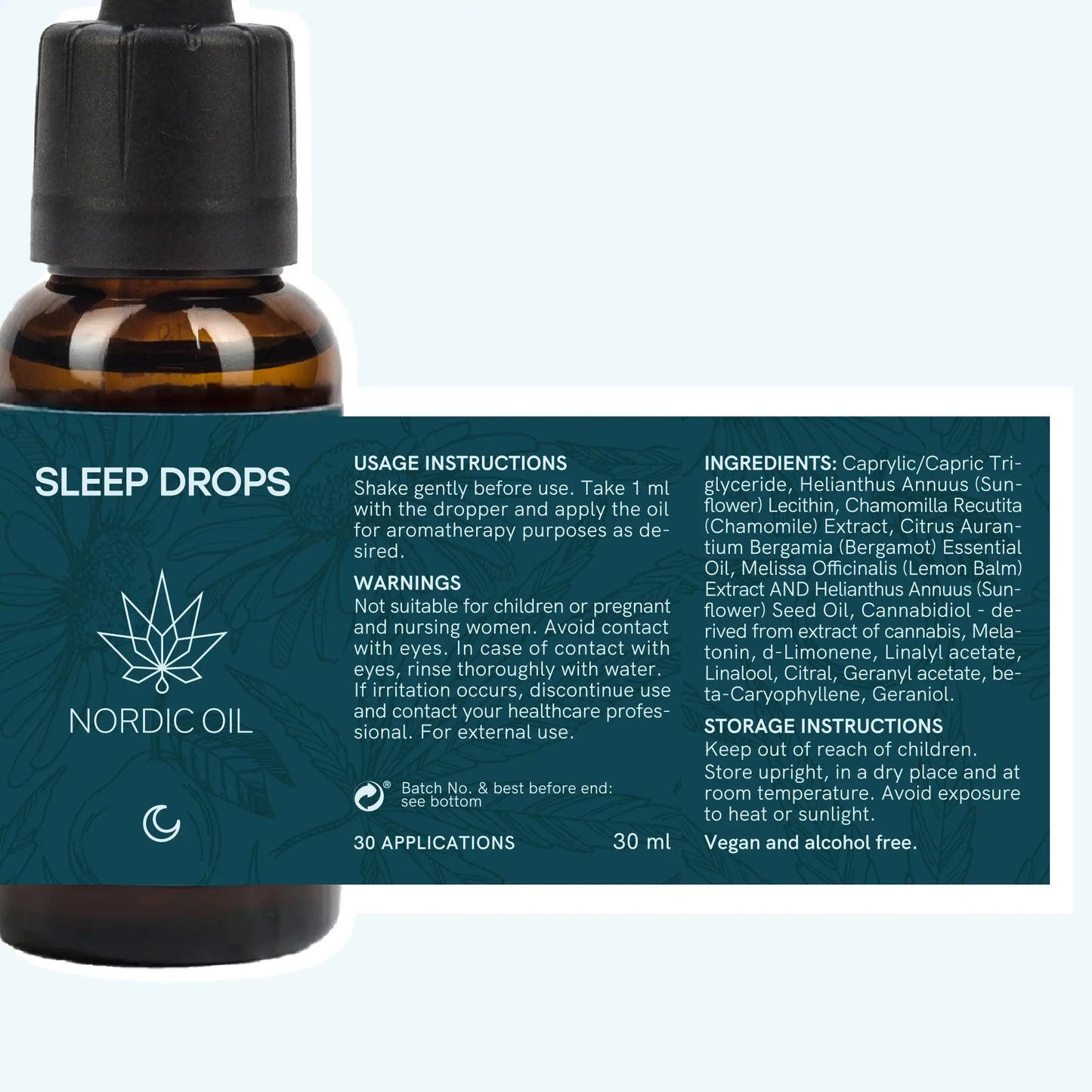 Nordic Oil Sleep Drops – brun glasflaske med dropper og etiket