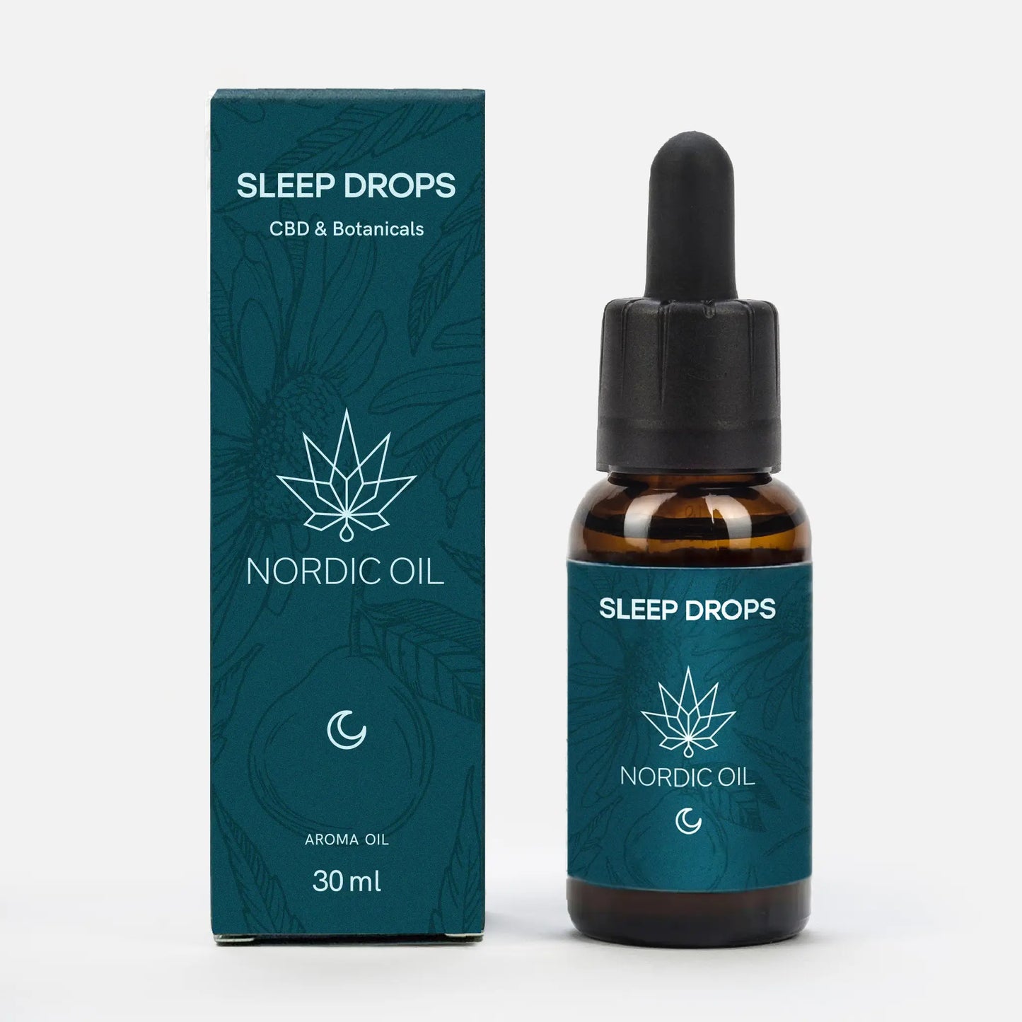 Sleep Drops CBD og Botanicals fra Nordic Oil – 30 ml flaske og æske i blågrøn design