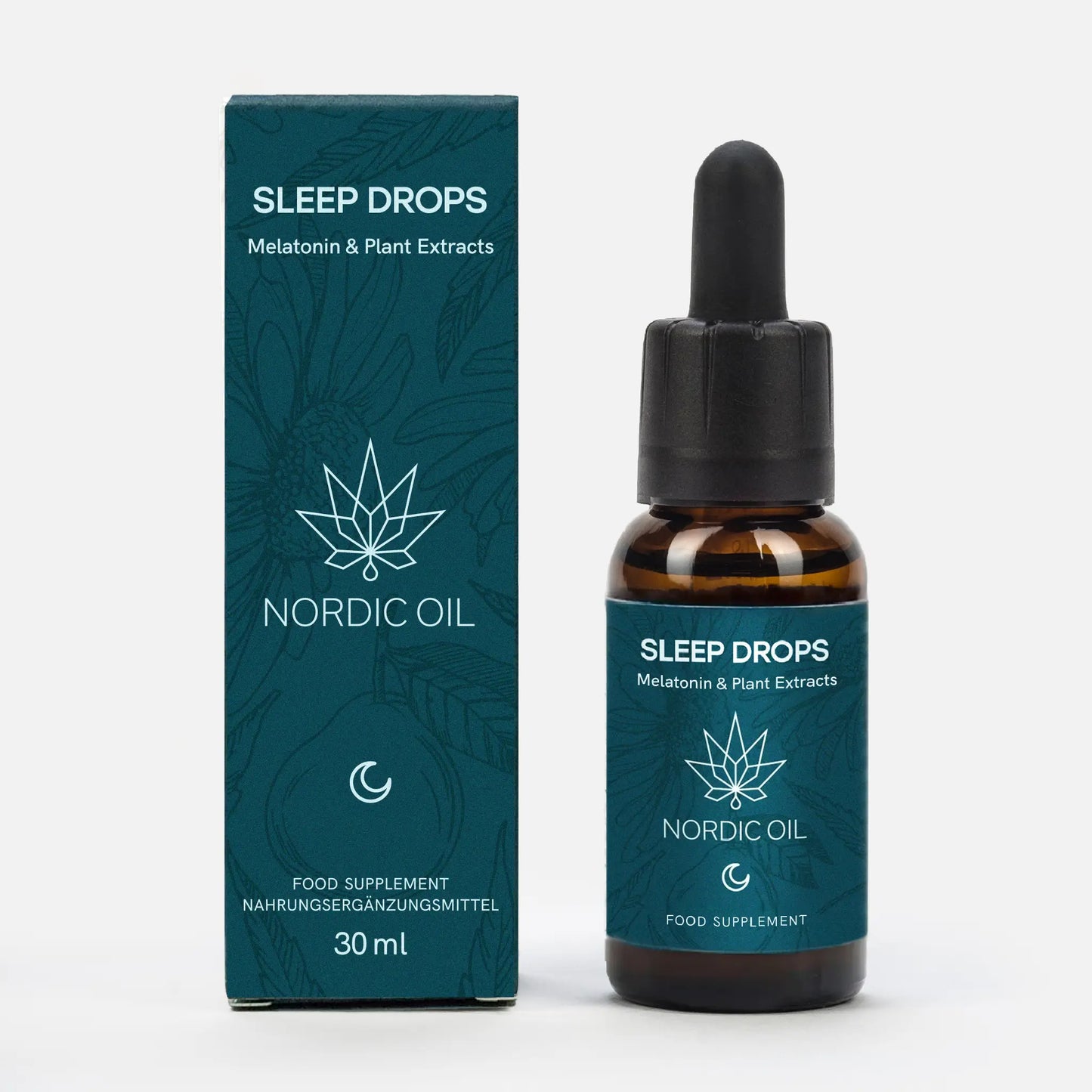 Søvndråber fra Nordic Oil med melatonin og planteekstrakter, vist sammen med en teal-farvet æske og dråbeflaske.
