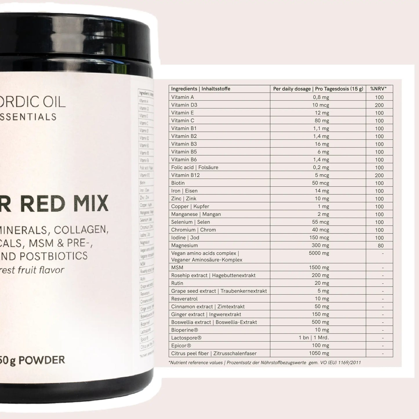 Nordic Oil Essentials kosttilskudflaske ved siden af en detaljeret næringsstoftabel.