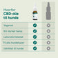 Illustration af CBD-olie til hunde med flaske og en fordelstabel med tjekmærker.