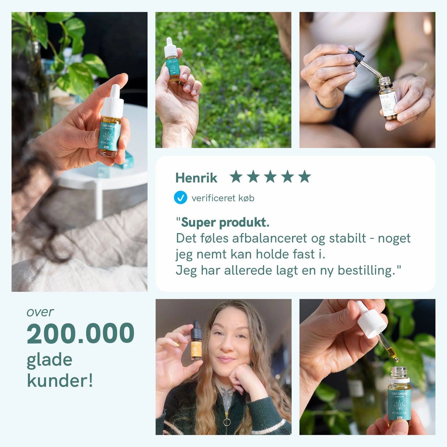 Collage af Nordic Oil CBD-olieprodukter, droppere i brug og en kundeudtalelse.