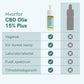 Infografik: CBD Olie 15% Plus – vegansk, EU-dyrket hemp, laboratorietestet, fuldt spektrum og tilfredshedsgaranti; CBD-olieflaske vises på øverste højre.