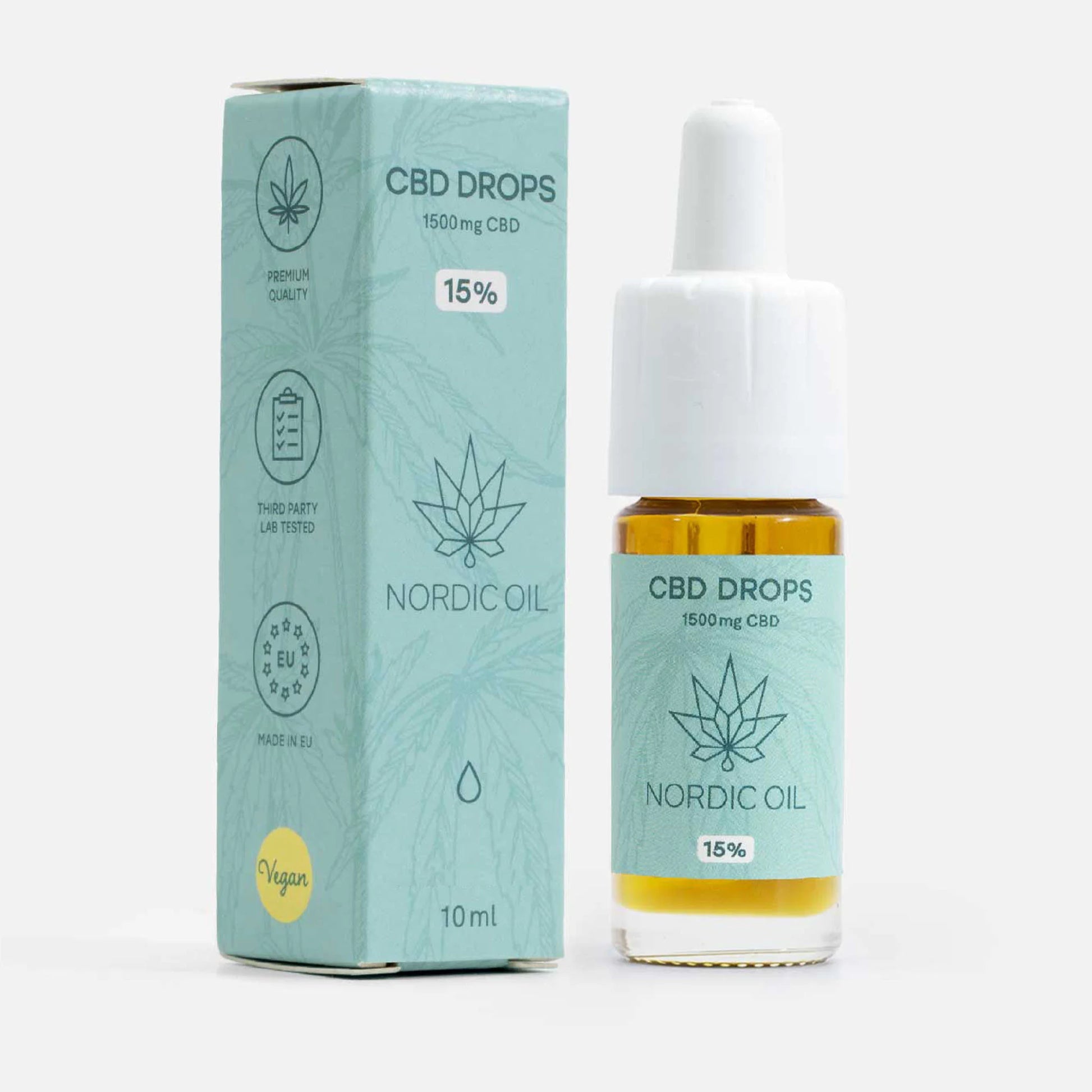 Nordic Oil CBD-dråber – flaske og æske med lyseblå etikette og cannabisplante-logo.