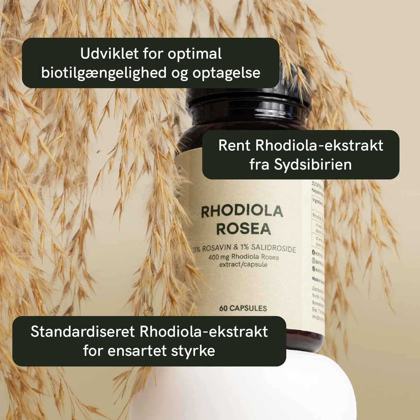 Rhodiola Rosea kosttilskud i brun glasflaske omgivet af tørrede græsstrå