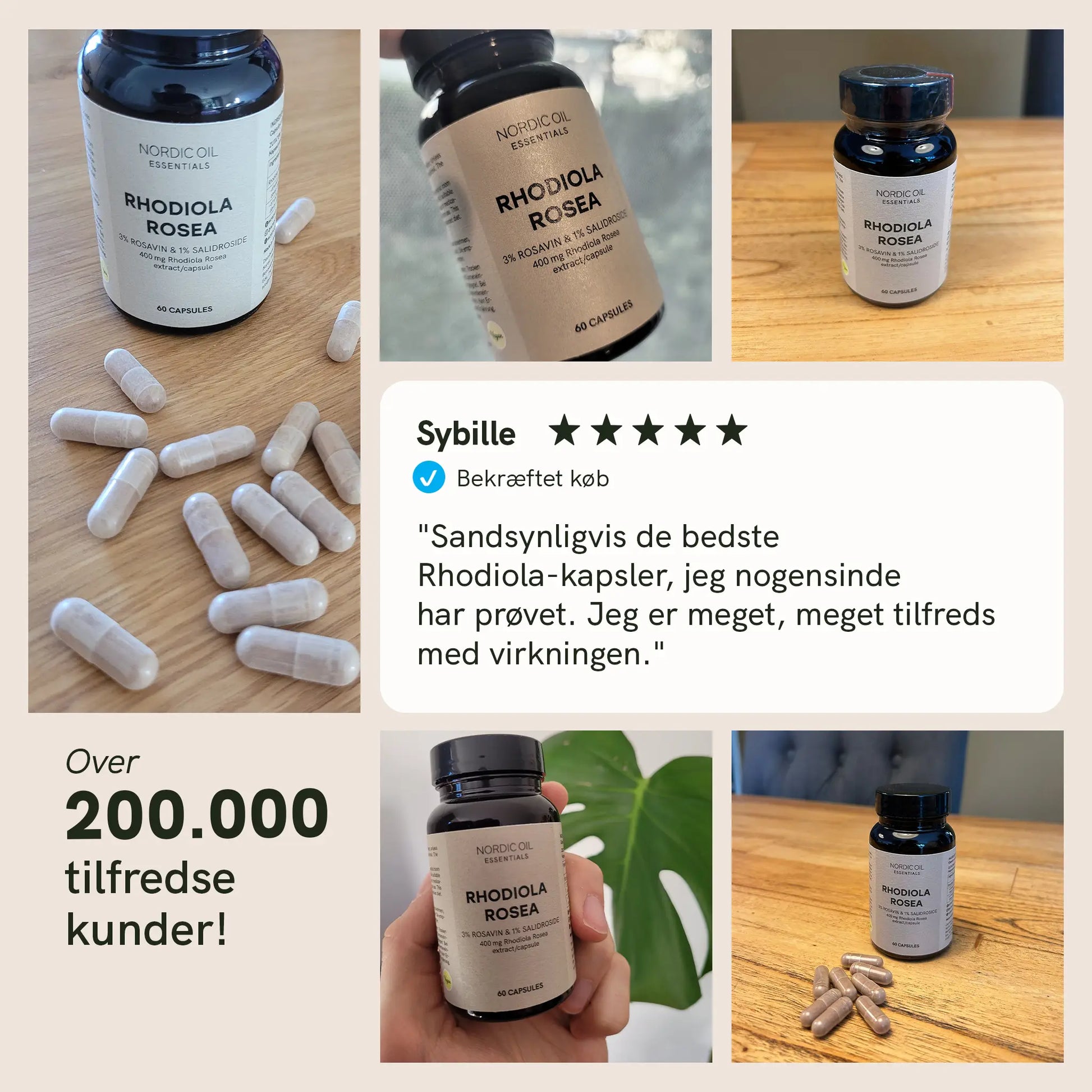 Kollage af Nordic Oil Rhodiola Rosea-kapsler og -flasker med kundeanmeldelse og stjerner.