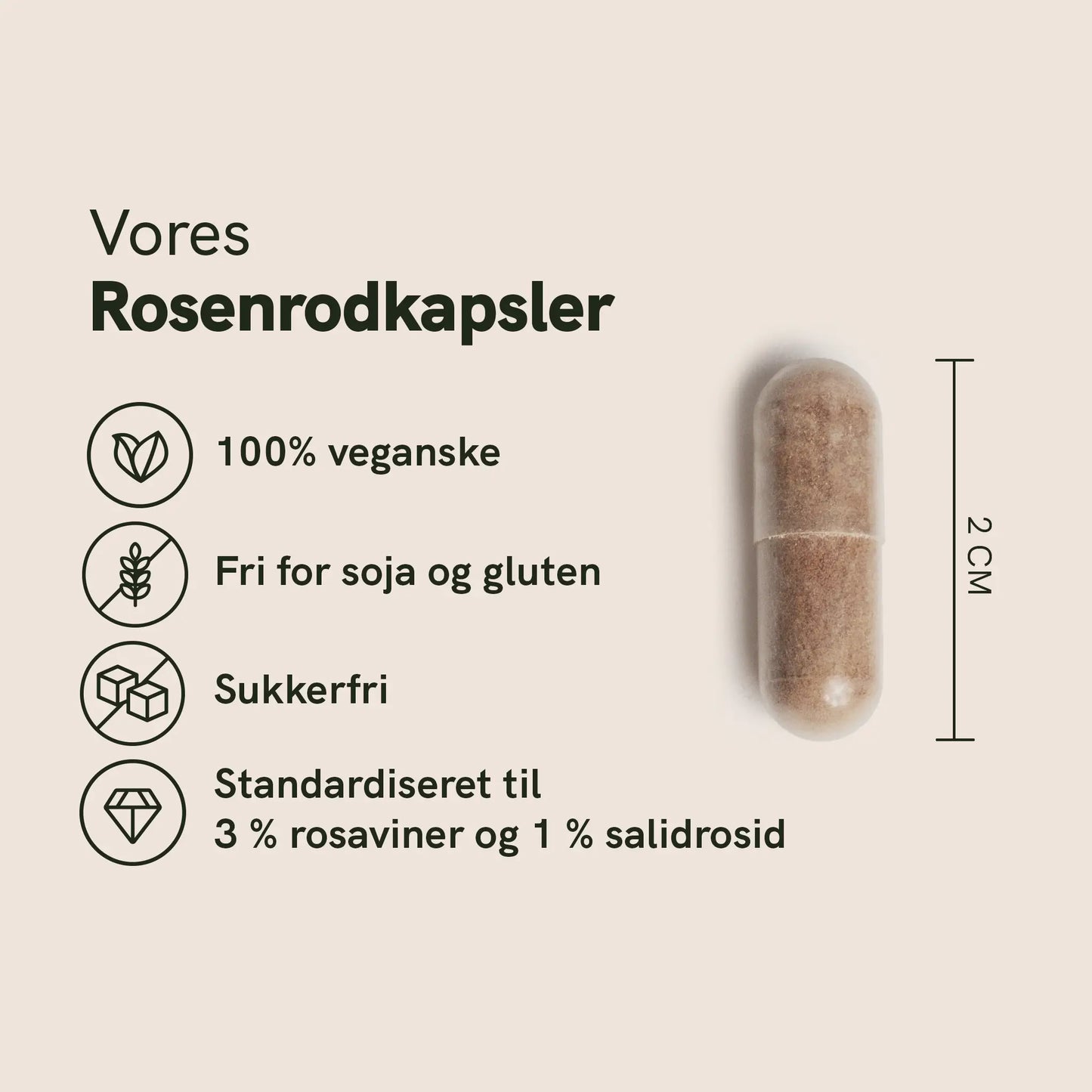 Rosenrodkapsler – ca. 2 cm lange, 100% veganske, fri for soja og gluten, sukkerfri, standardiseret til 3 % rosaviner og 1 % salidrosid