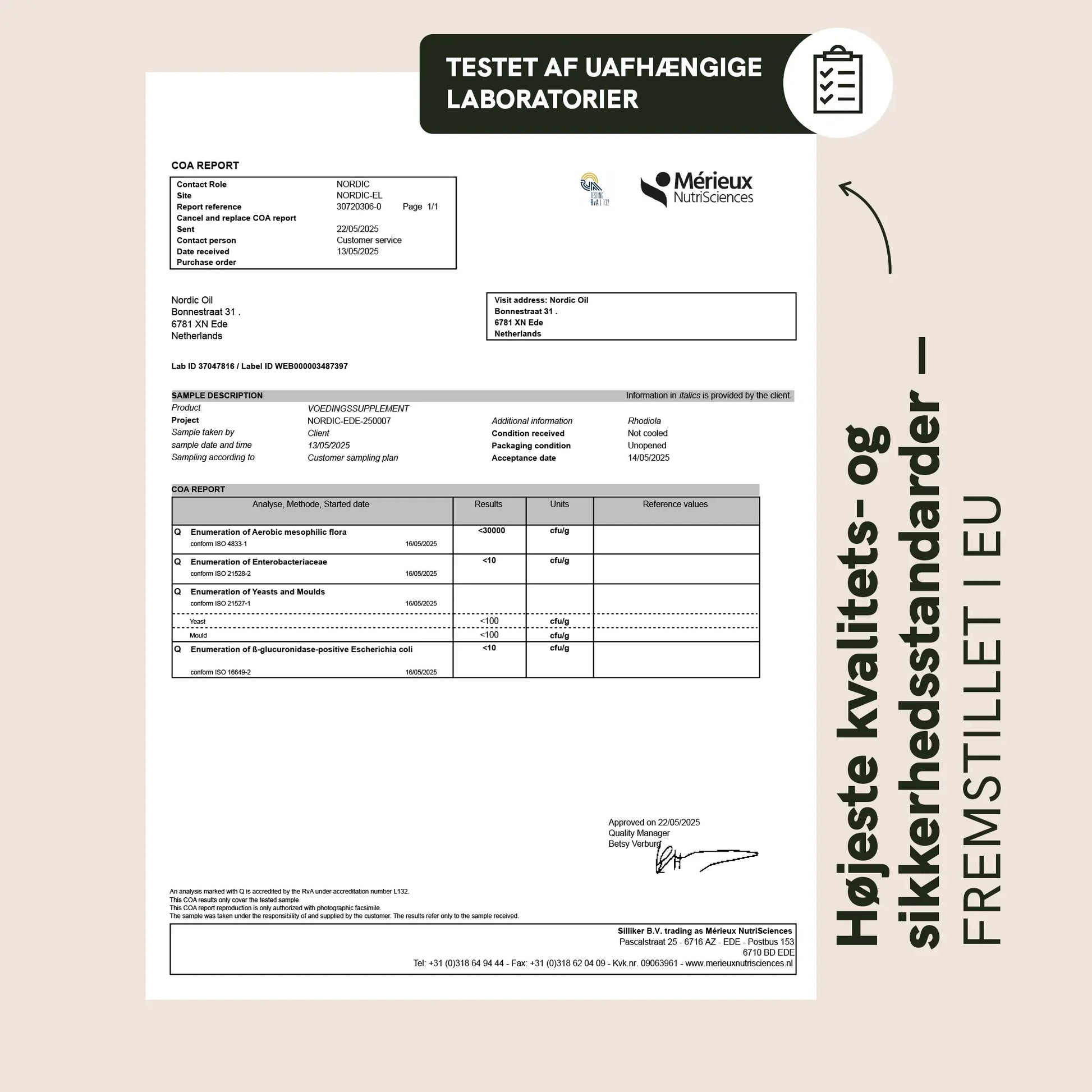 COA-rapport udarbejdet af uafhængigt laboratorium til Nordic Oil med analyse og resultater.