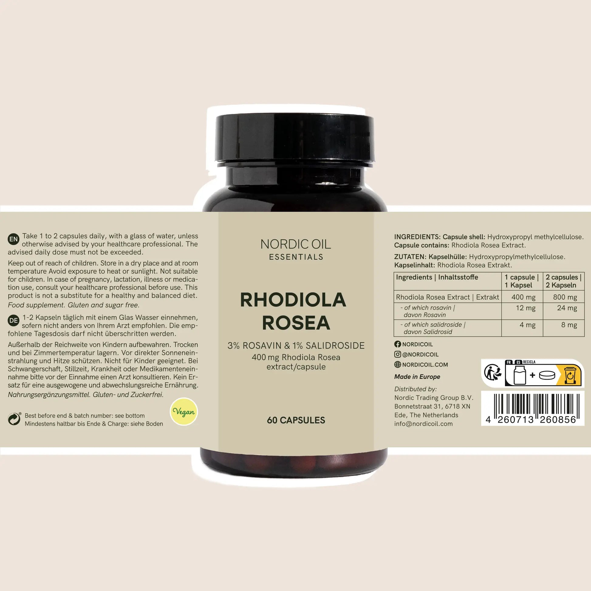 Nordic Oil Rhodiola Rosea kosttilskud i mørk flaske med beige etiket (60 kapsler)