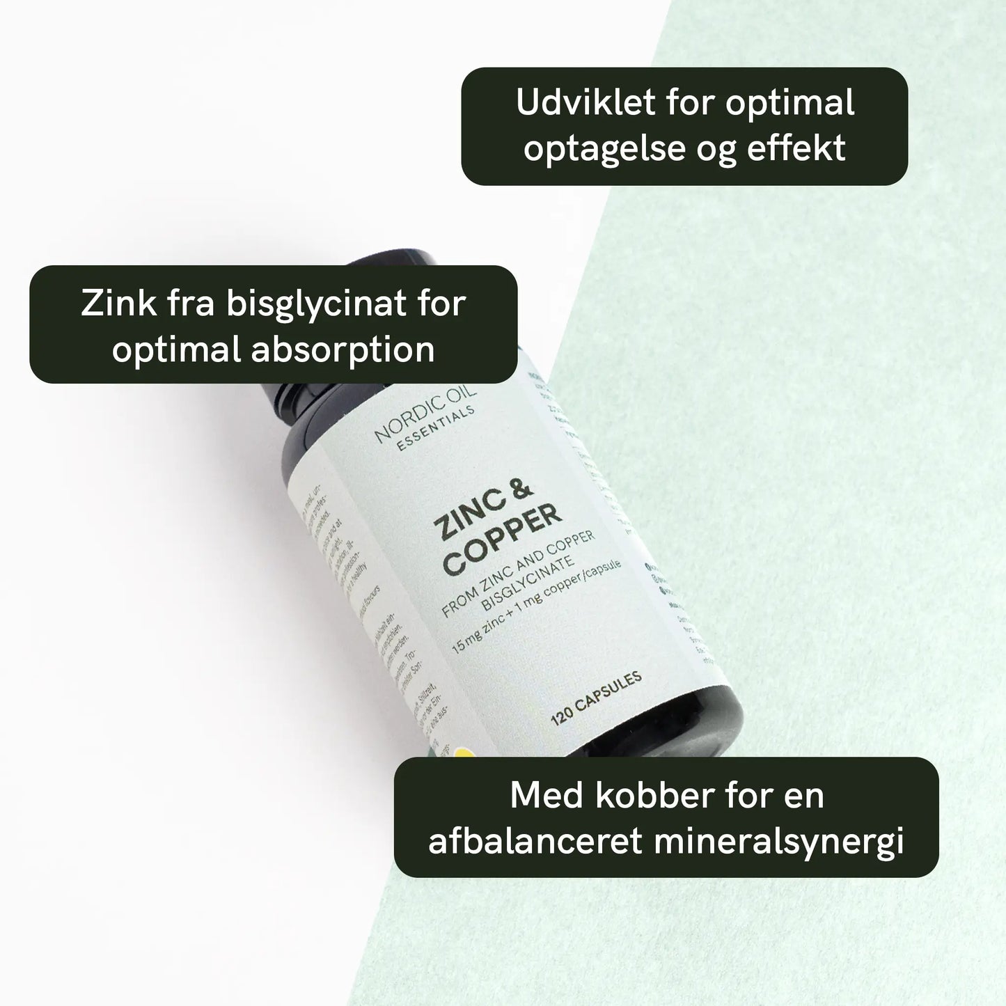 Flaske med zink- og kobberkosttilskud fra Nordic Oil Essentials, 120 kapsler