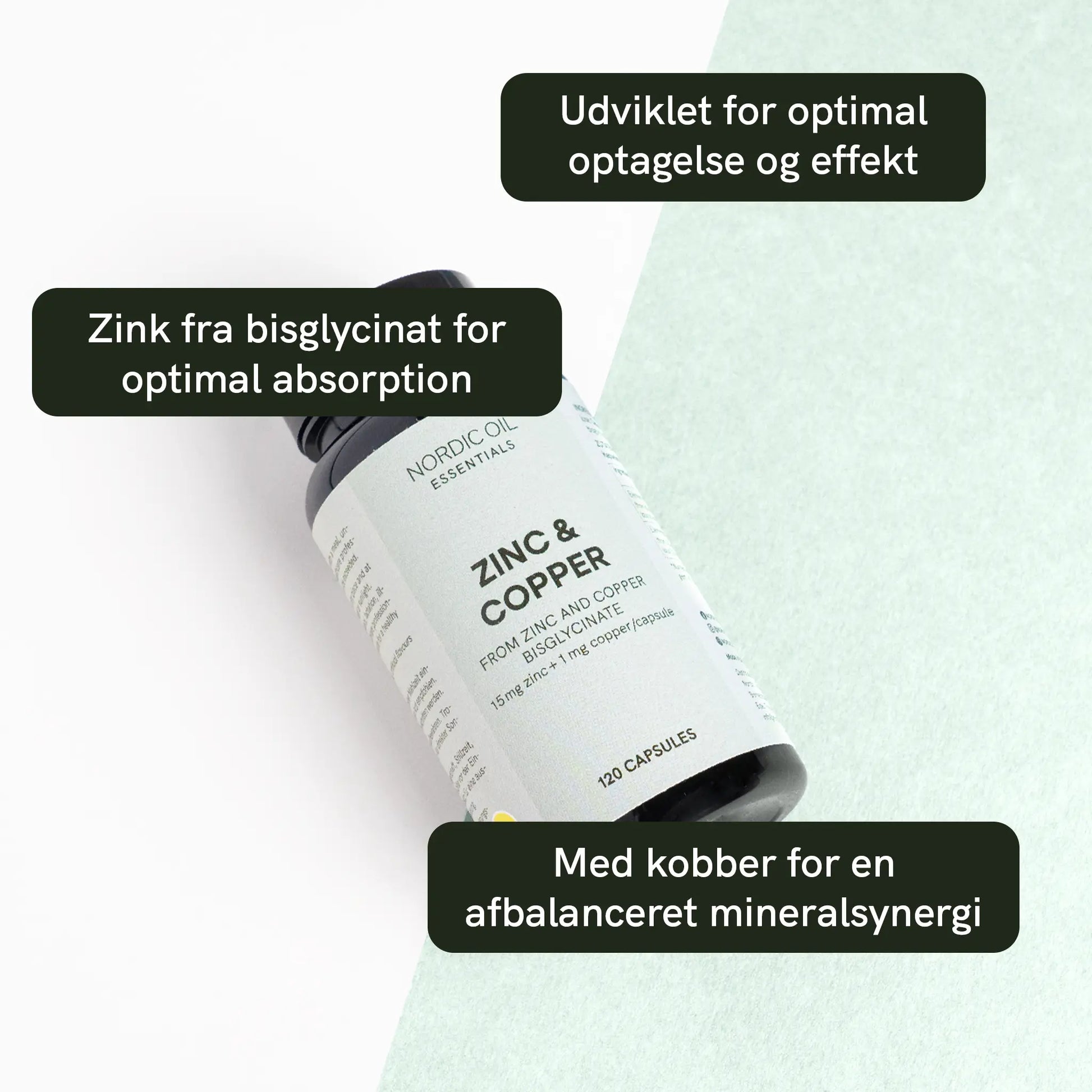 Flaske med zink- og kobberkosttilskud fra Nordic Oil Essentials, 120 kapsler
