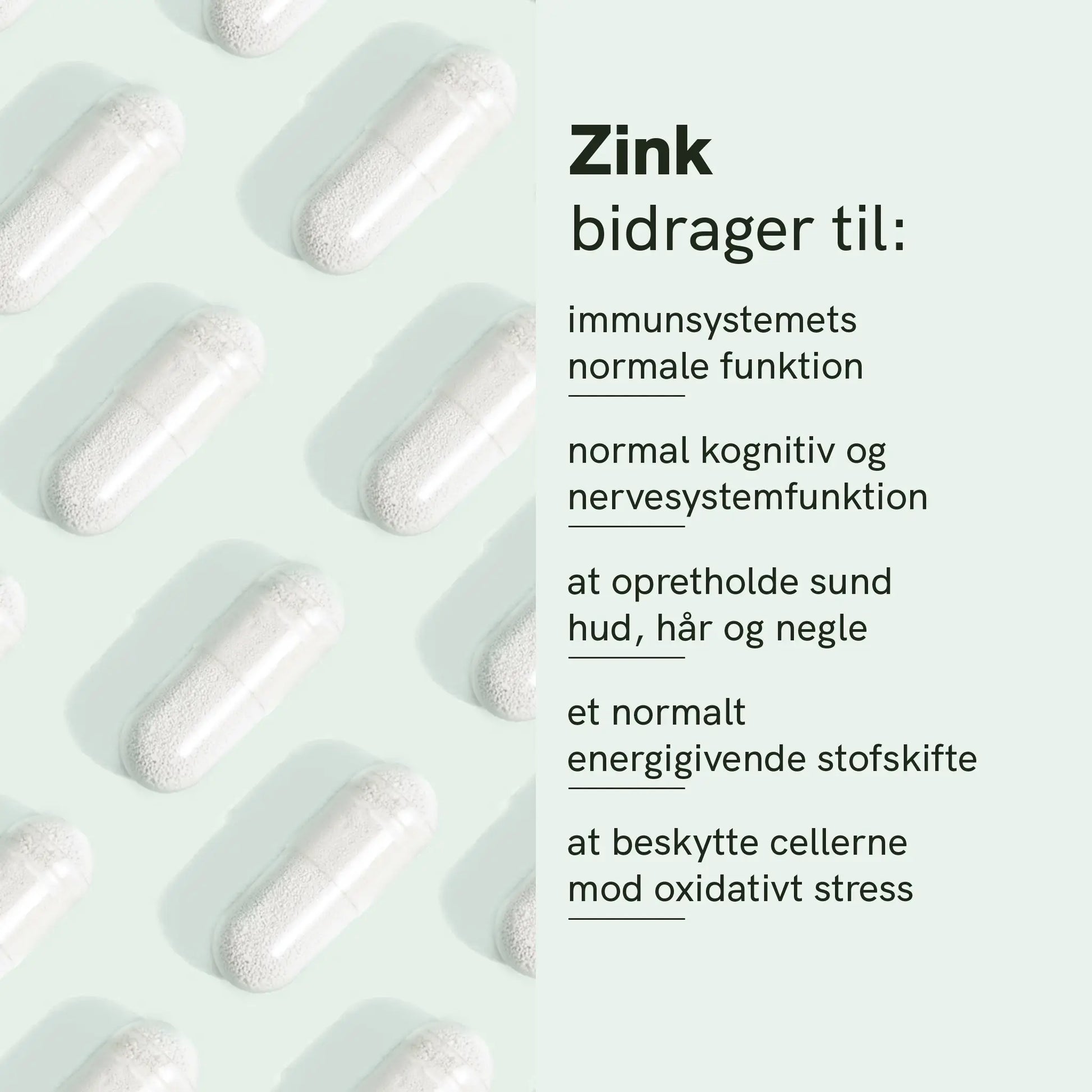 Infografik med zinkkapsler og tekst om zinks bidrag til immunsystemets normale funktion og nervesystemets funktion.