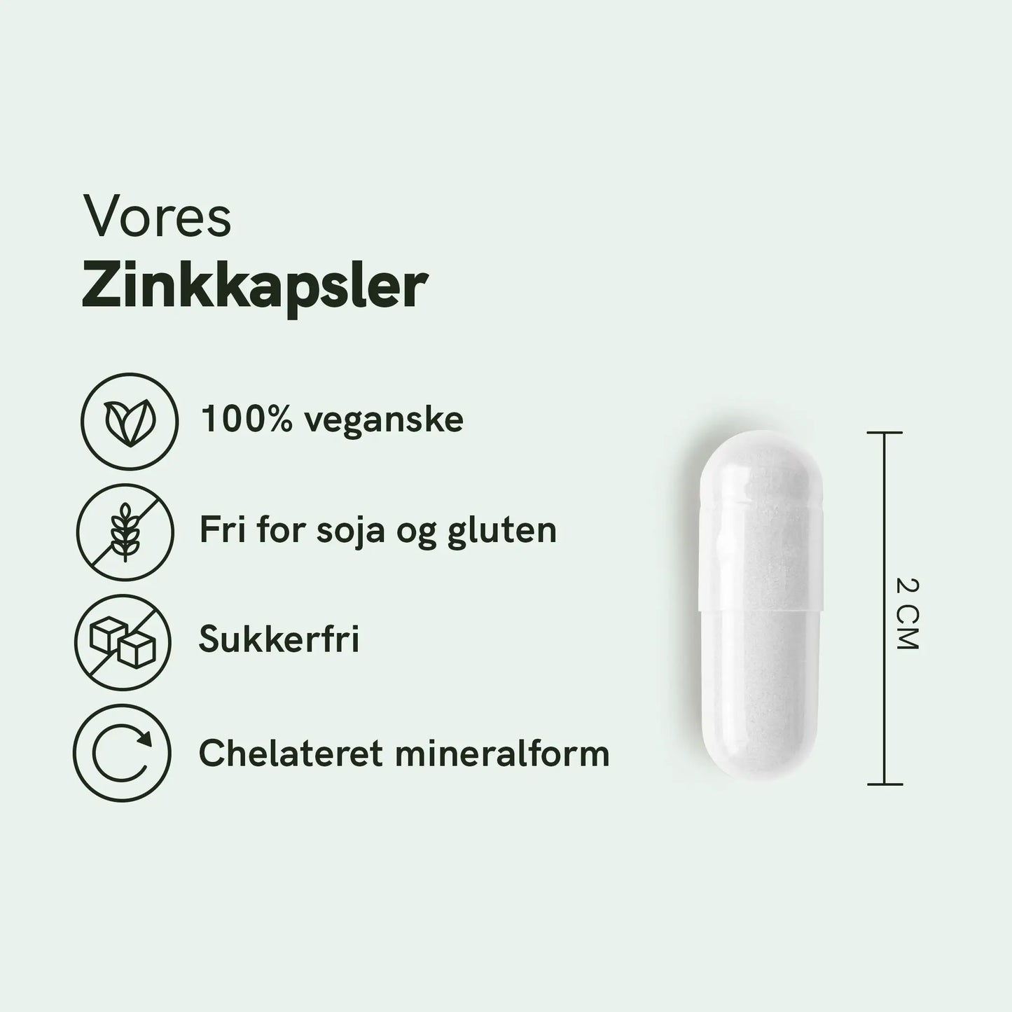 Infografik af zinkkapsler med fordelene: 100% veganske, fri for soja og gluten, sukkerfri, chelateret mineralform.