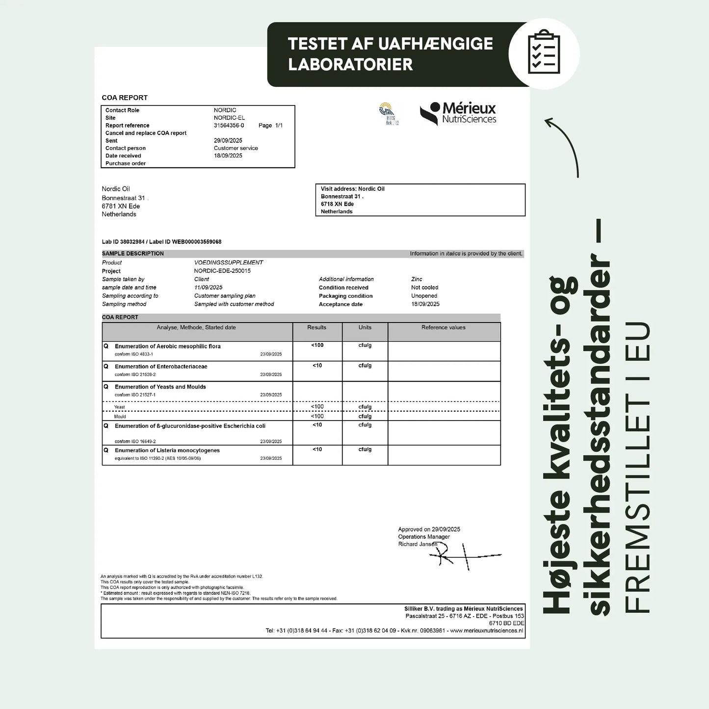 COA-rapport for Nordic Oil kosttilskud udført af Merieux NutriSciences
