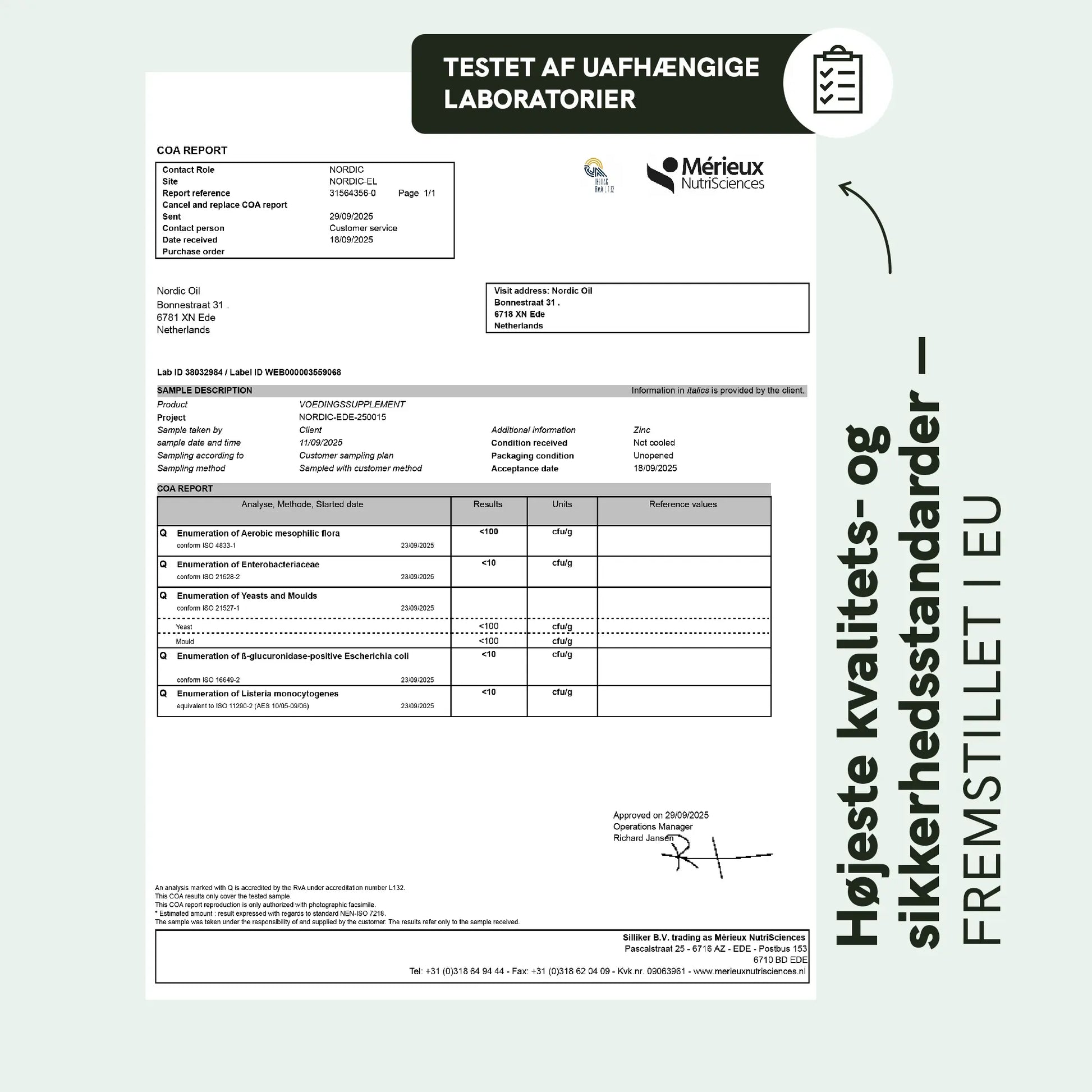 COA-rapport for Nordic Oil kosttilskud udført af Merieux NutriSciences