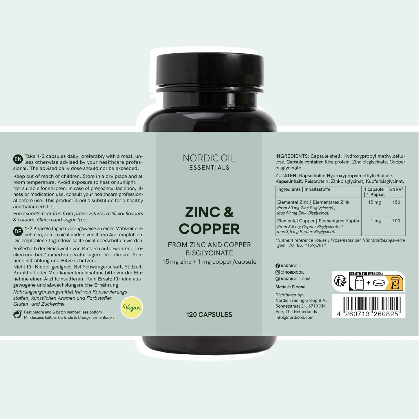 Mørk flaske med Nordic Oil Essentials Zinc & Copper etikette – zink- og kobbertilskud, 120 kapsler