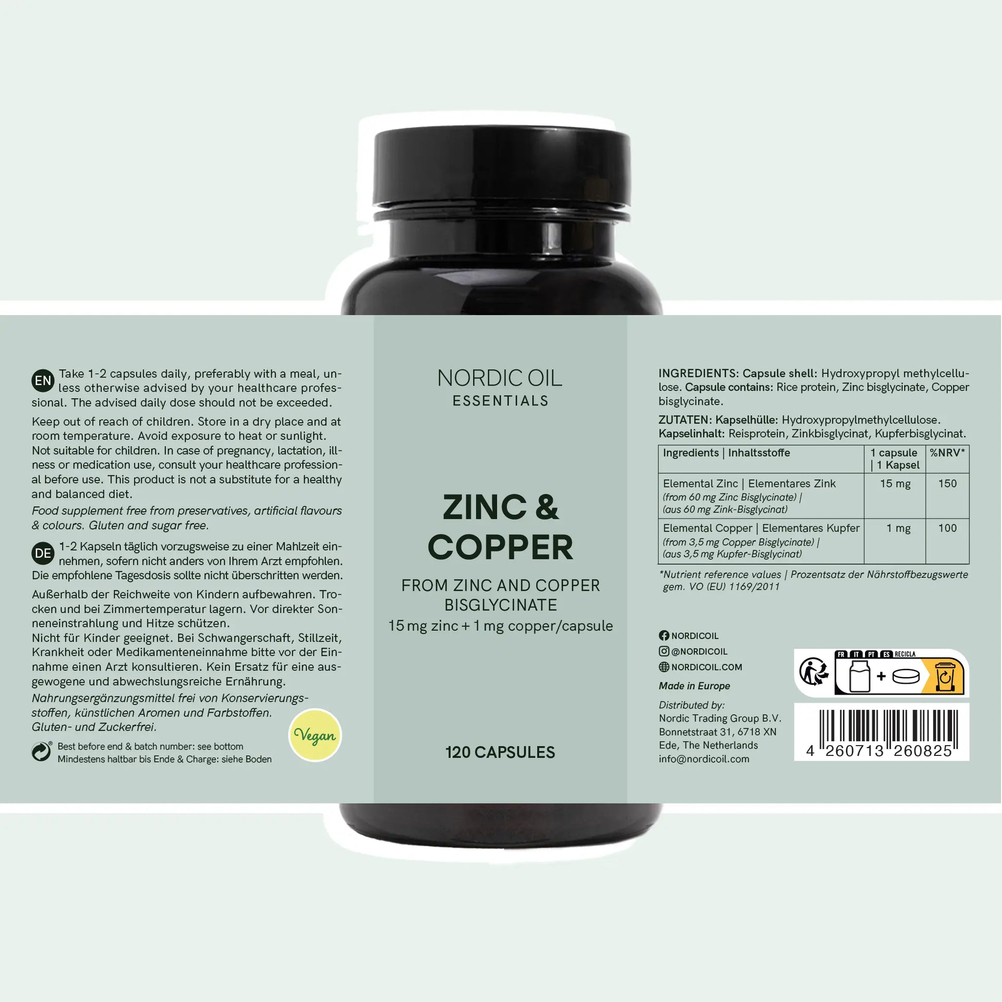 Mørk flaske med Nordic Oil Essentials Zinc & Copper etikette – zink- og kobbertilskud, 120 kapsler
